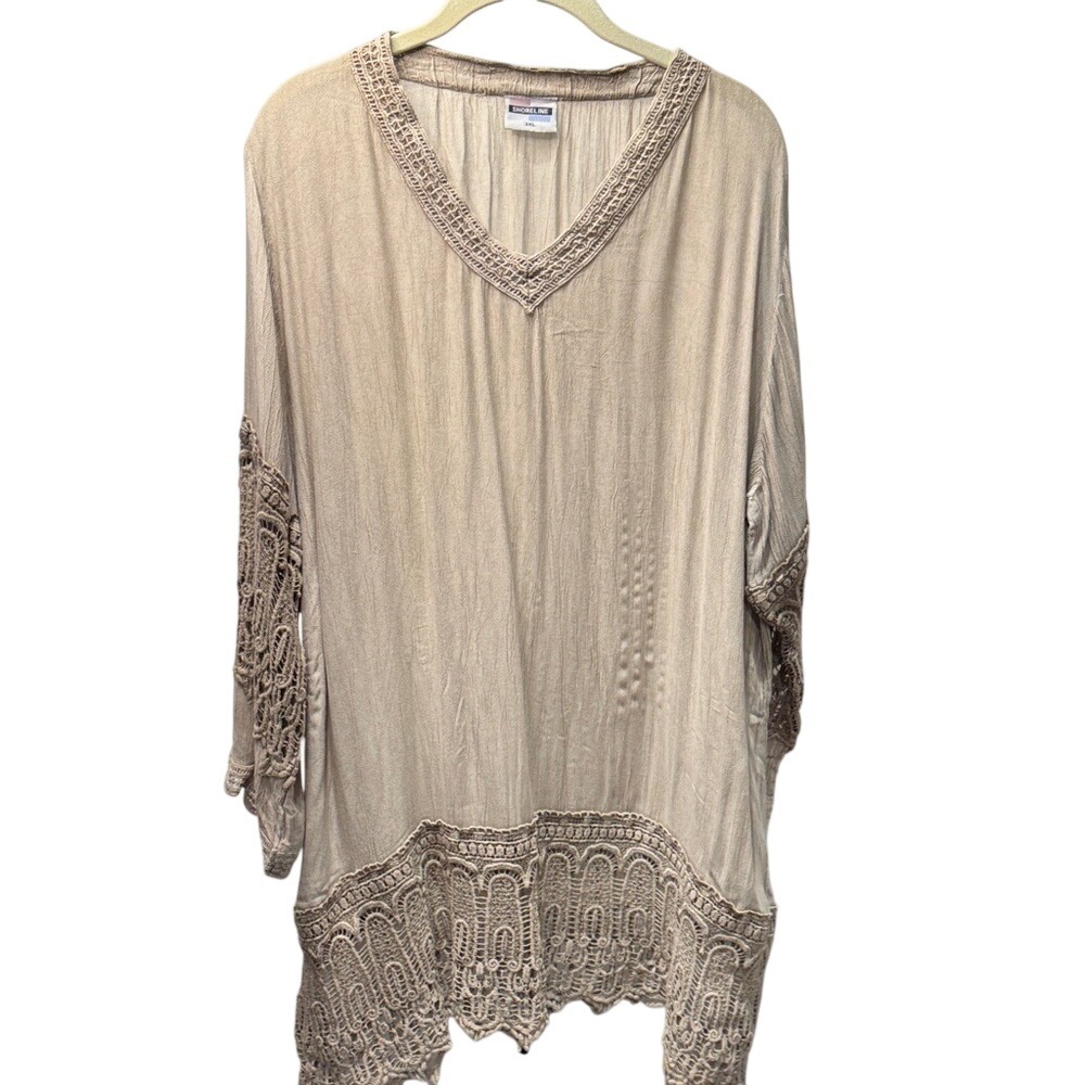 Shoreline Womens 3XL Tan Crochet Lace Trim Crinkle Gauze V-Neck Tunic Top